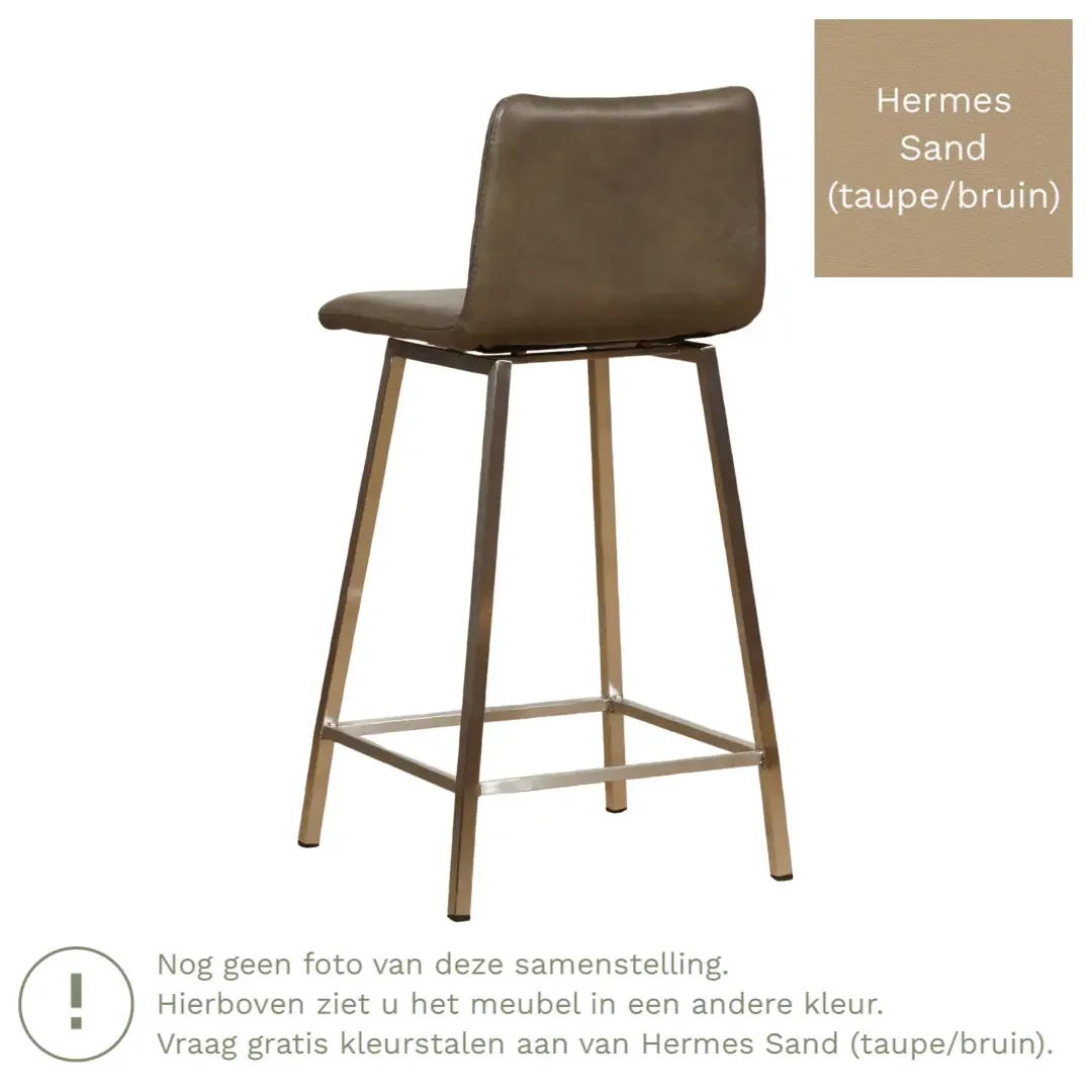 afbeelding van Leren barkruk Catch laag - Hermes Sand (taupe/bruin) - Poten staal vierkant zwart