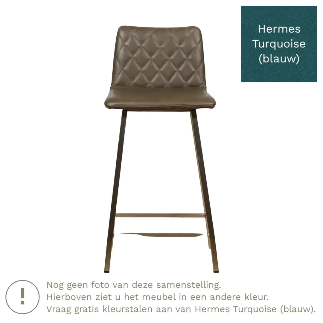 afbeelding van Leren barkruk Catch laag - Hermes Turquoise (blauw) - Poten staal vierkant RVS