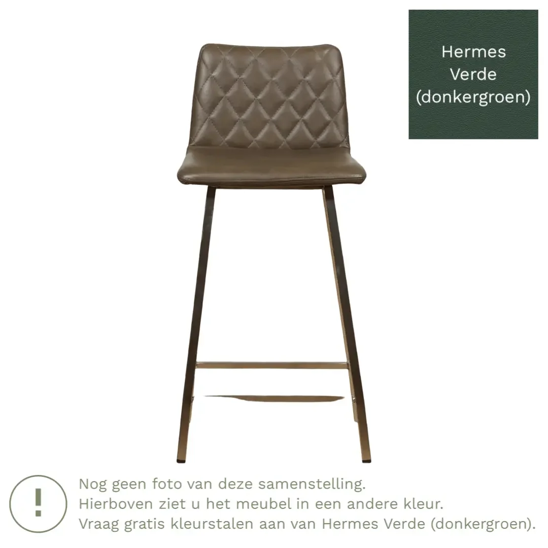 afbeelding van Leren barkruk Catch laag - Hermes Verde (donkergroen) - Poten staal vierkant RVS
