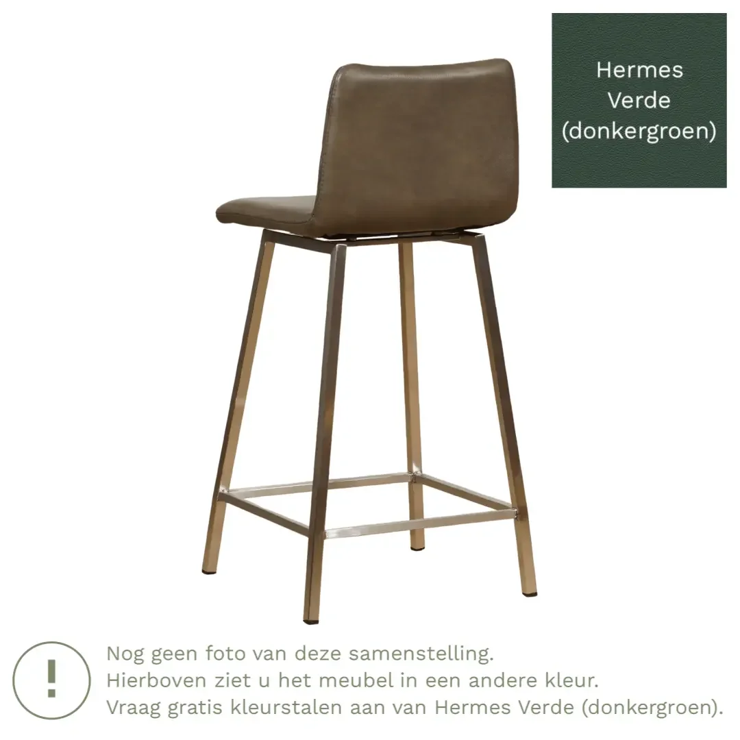 afbeelding van Leren barkruk Catch laag - Hermes Verde (donkergroen) - Poten staal vierkant RVS