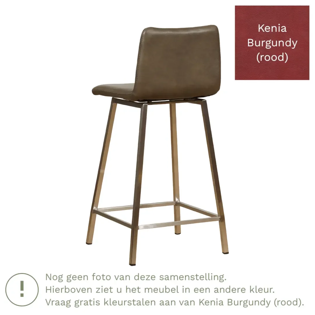 afbeelding van Leren barkruk Catch laag - Kenia Burgundy (rood) - Poten staal vierkant RVS