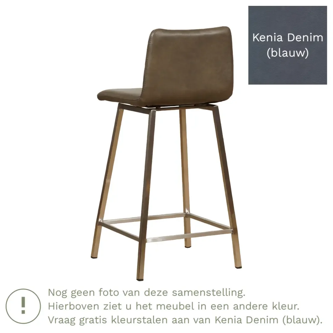 afbeelding van Leren barkruk Catch laag - Kenia Denim (blauw) - Poten staal vierkant RVS