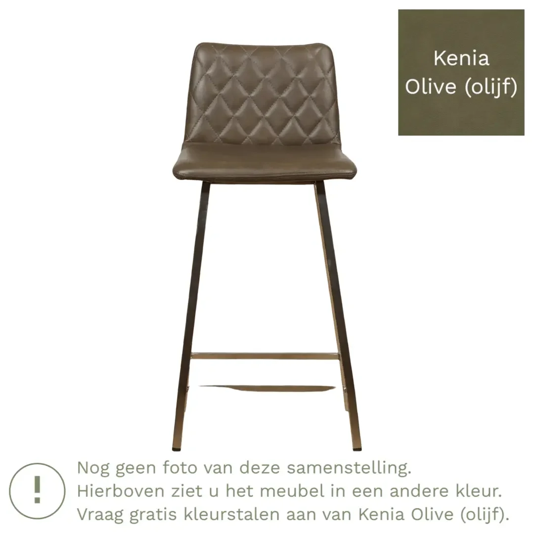 afbeelding van Leren barkruk Catch laag - Kenia Olive (olijf) - Poten staal vierkant zwart
