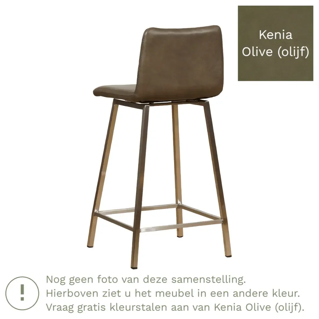 afbeelding van Leren barkruk Catch laag - Kenia Olive (olijf) - Poten staal vierkant zwart