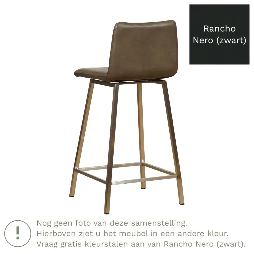 afbeelding van Leren barkruk Catch laag - Rancho Nero (zwart) - Poten staal vierkant zwart