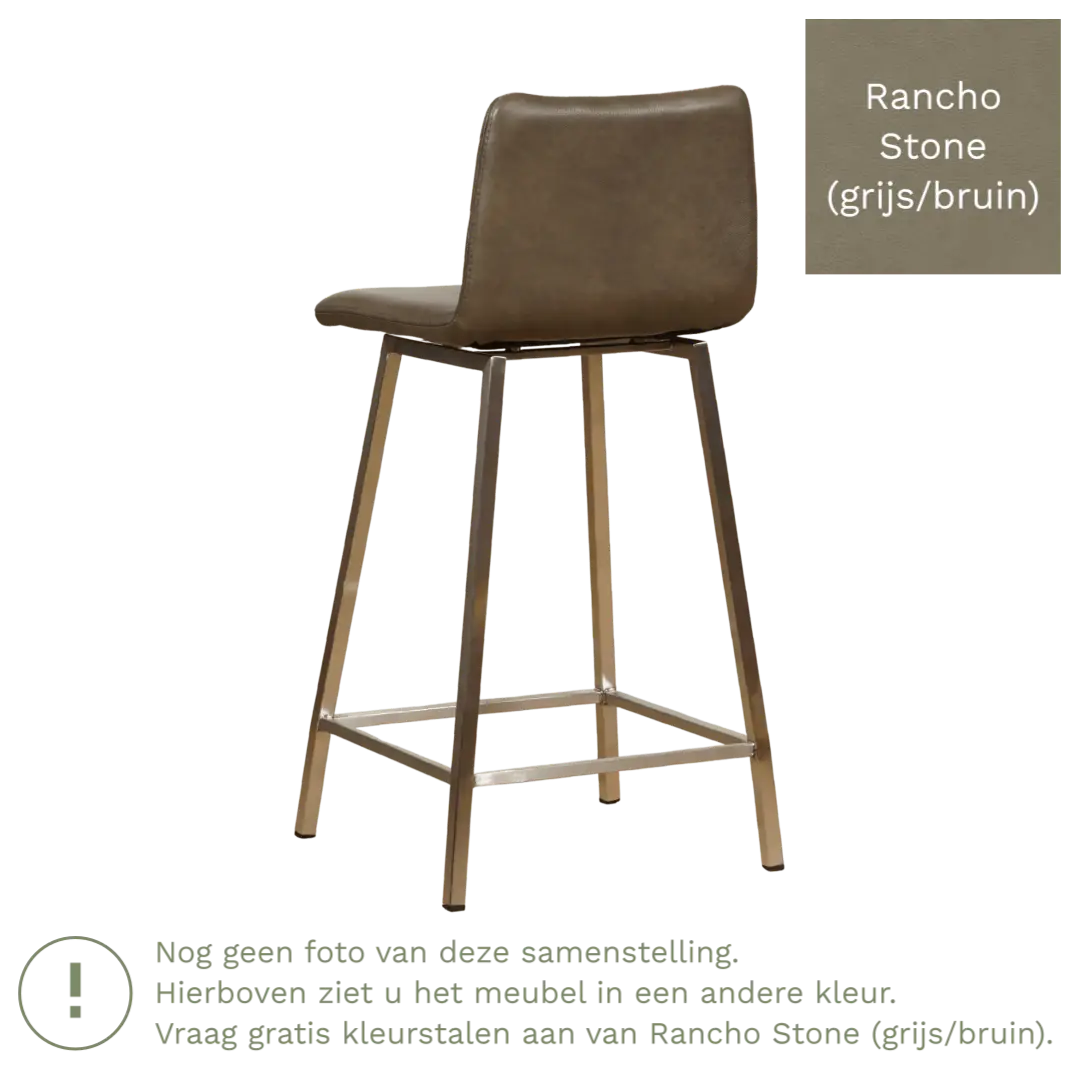 afbeelding van Leren barkruk Catch laag - Rancho Stone (grijs/bruin) - Poten staal vierkant zwart