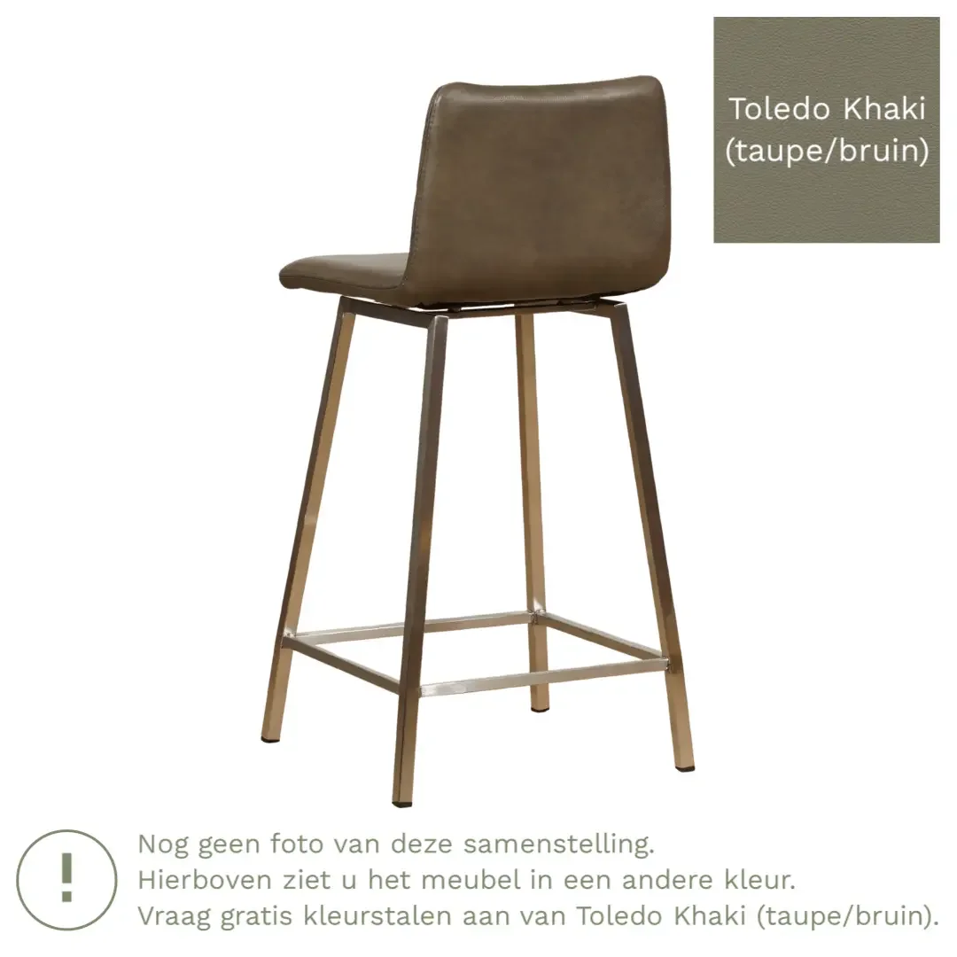 afbeelding van Leren barkruk Catch laag - Toledo Khaki (taupe/bruin) - Poten staal vierkant zwart