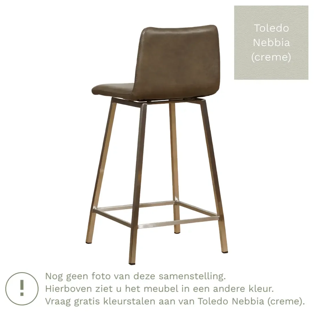 afbeelding van Leren barkruk Catch laag - Toledo Nebbia (crème) - Poten staal vierkant zwart