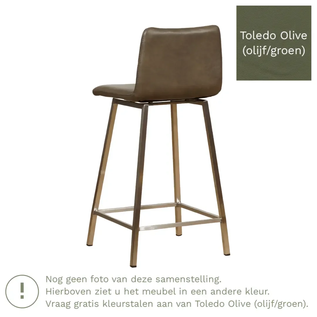 afbeelding van Leren barkruk Catch laag - Toledo Olive (olijf/goen) - Poten staal vierkant RVS