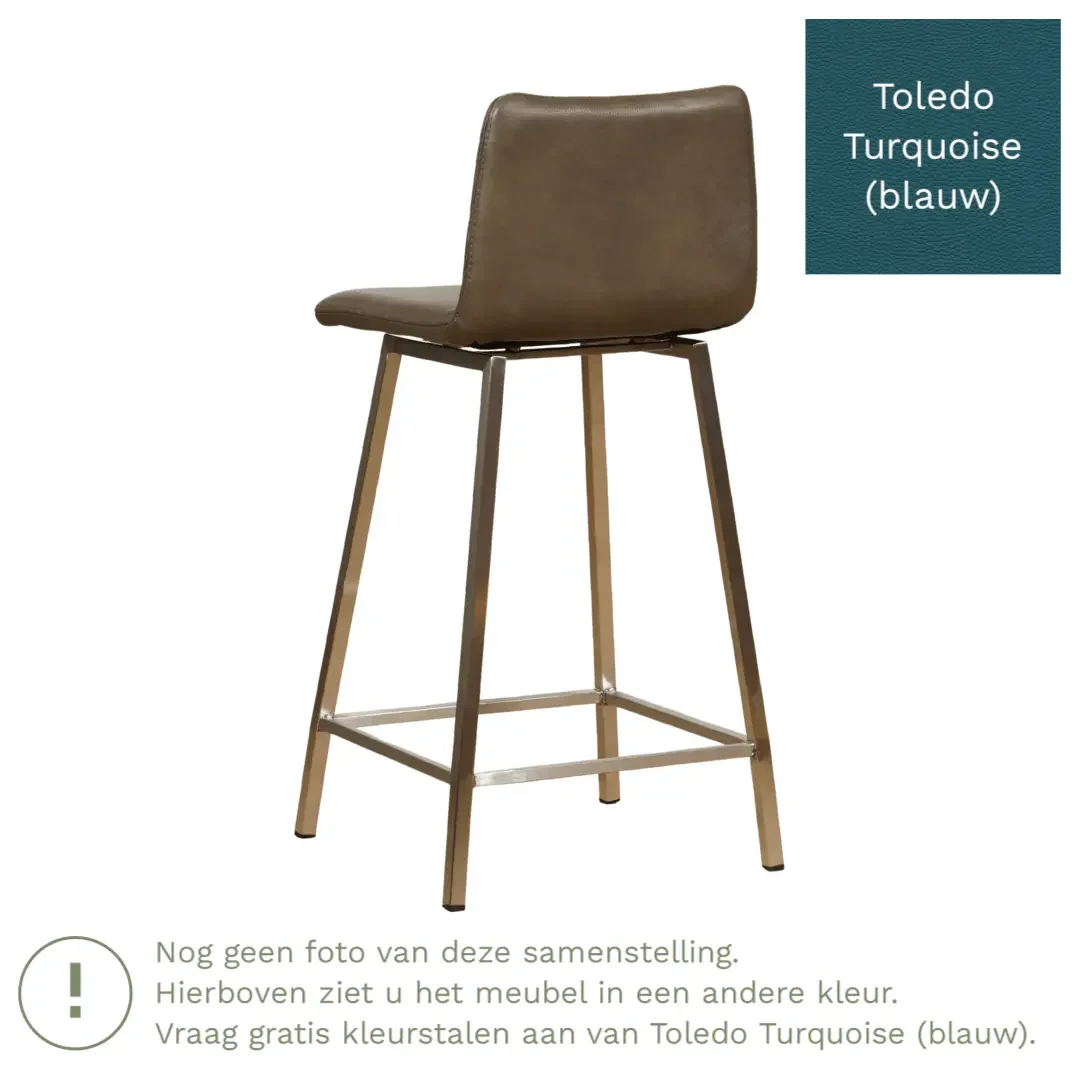 afbeelding van Leren barkruk Catch laag - Toledo Turquoise (blauw) - Poten staal vierkant RVS