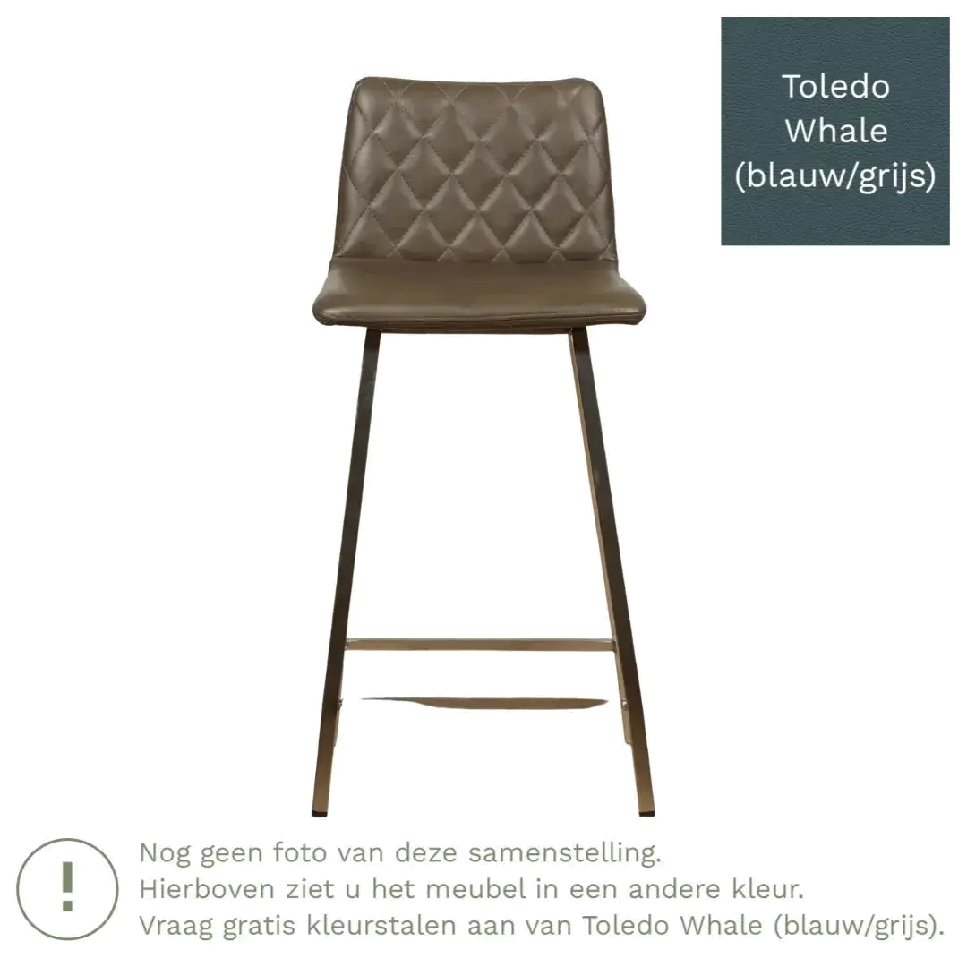 afbeelding van Leren barkruk Catch laag - Toledo Whale (blauw/grijs) - Poten staal vierkant RVS