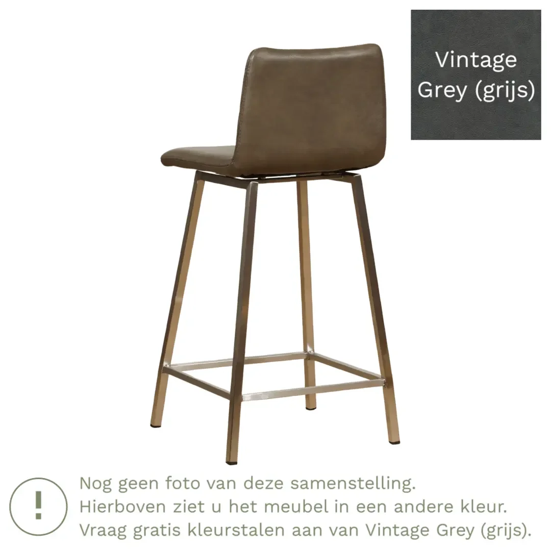 afbeelding van Leren barkruk Catch laag - Vintage Grey (grijs) - Poten staal vierkant RVS