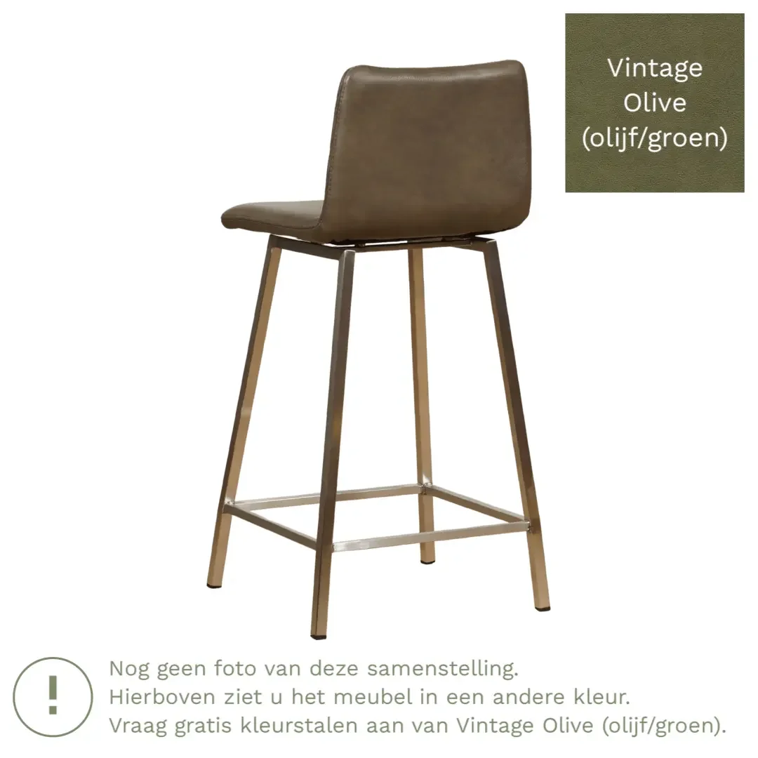 afbeelding van Leren barkruk Catch laag - Vintage Olive (olijf/groen) - Poten staal vierkant zwart