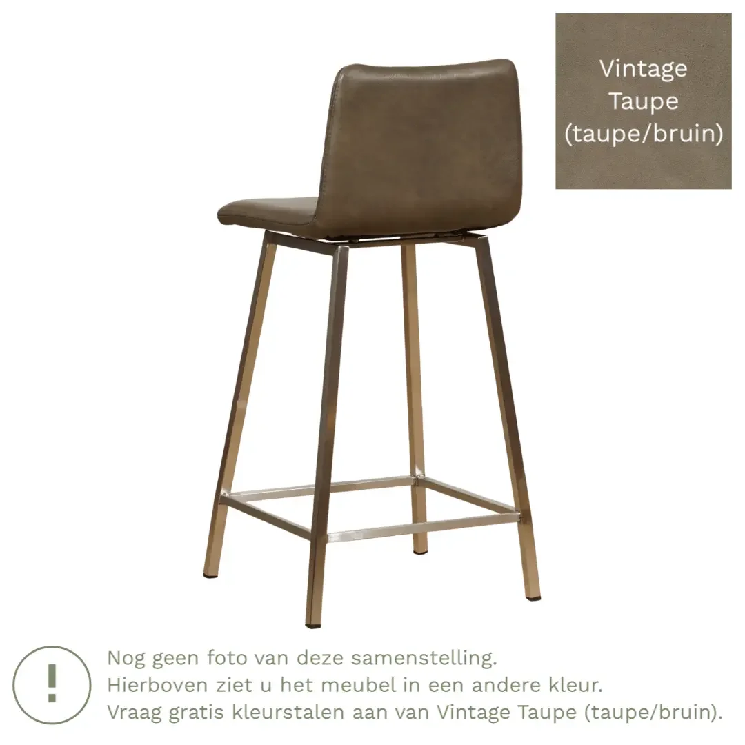 afbeelding van Leren barkruk Catch laag - Vintage Taupe (taupe/bruin) - Poten staal vierkant RVS