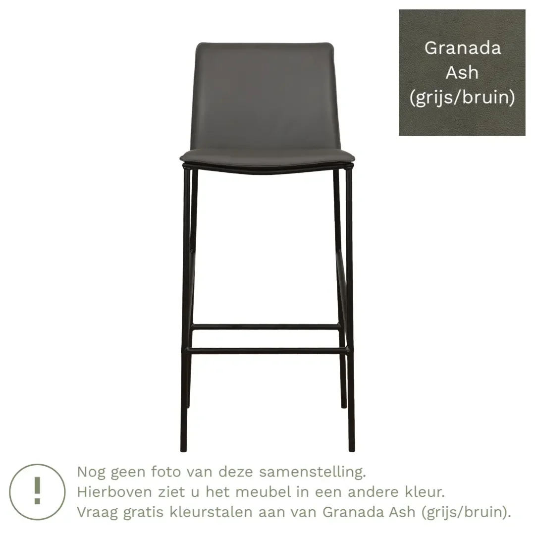 afbeelding van Leren barkruk hoog Favor - Granada Ash (grijs/bruin) - poten staal rond zwart