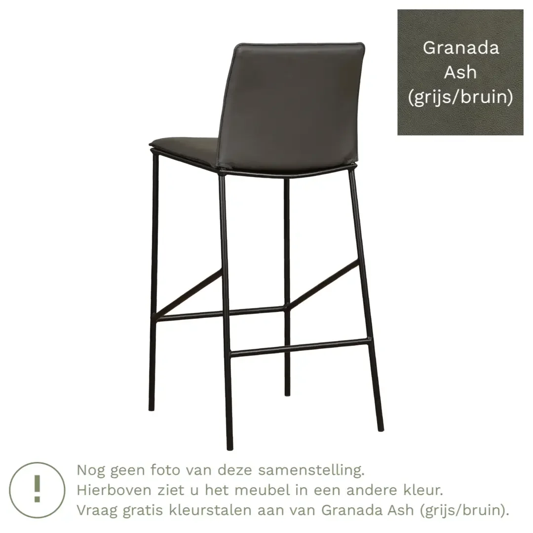 afbeelding van Leren barkruk hoog Favor - Granada Ash (grijs/bruin) - poten staal rond zwart