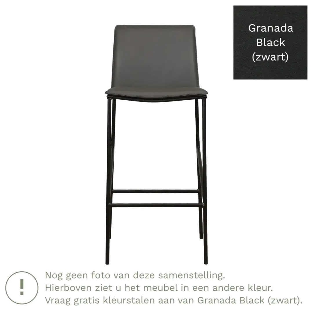 afbeelding van Leren barkruk hoog Favor - Granada Black (zwart) - poten staal rond zwart