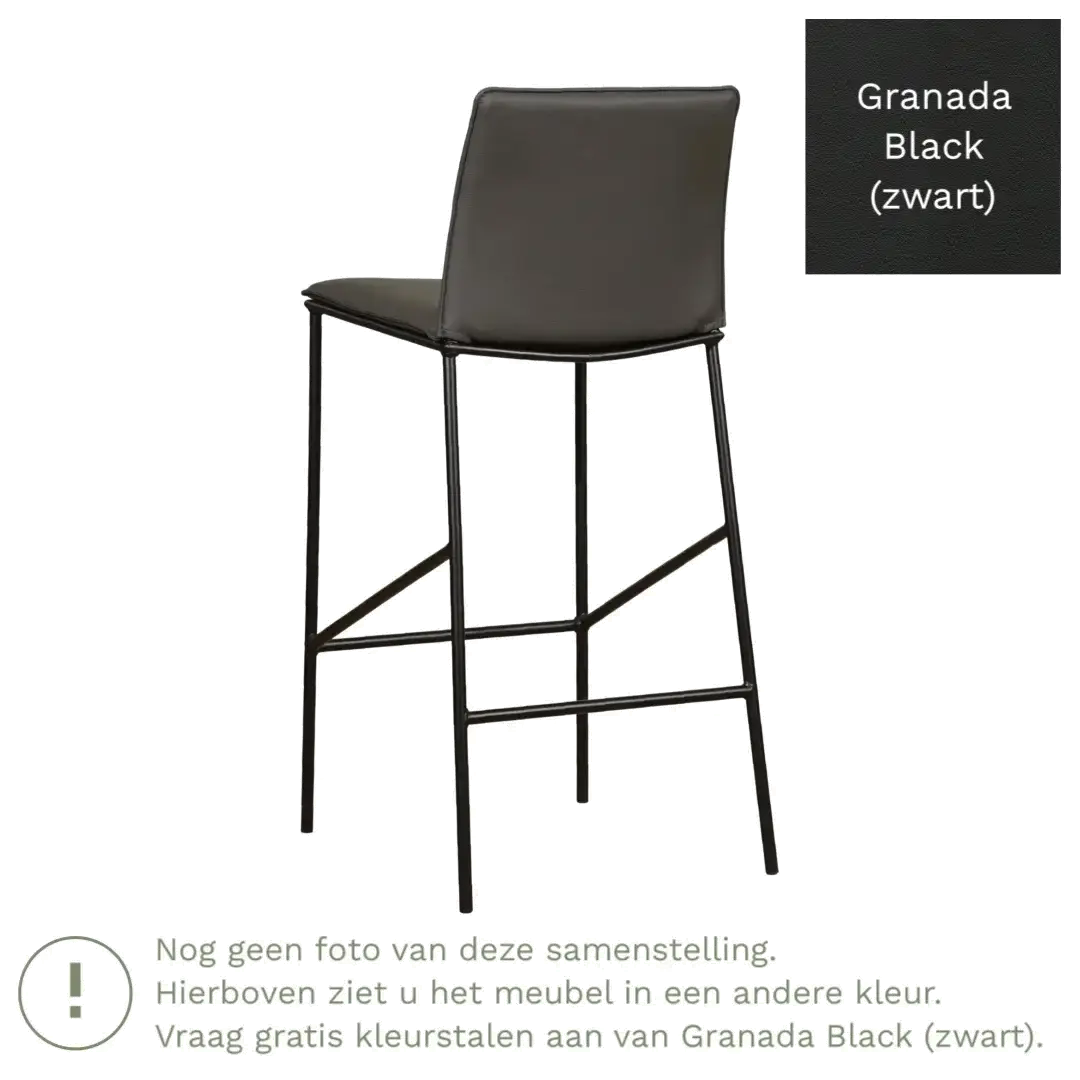 afbeelding van Leren barkruk hoog Favor - Granada Black (zwart) - poten staal rond zwart
