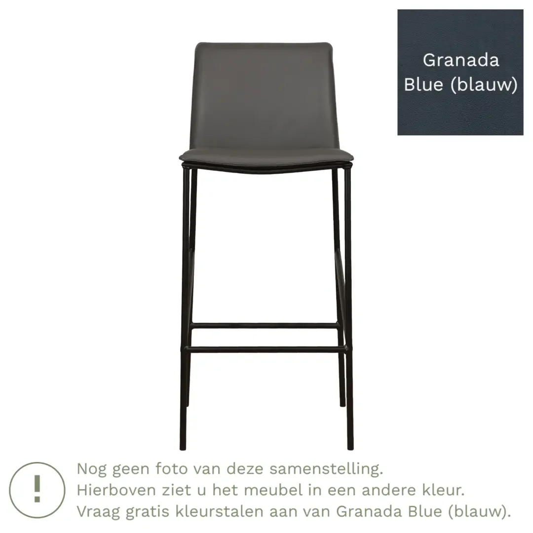 afbeelding van Leren barkruk hoog Favor - Granada Blue (blauw) - poten staal rond zwart