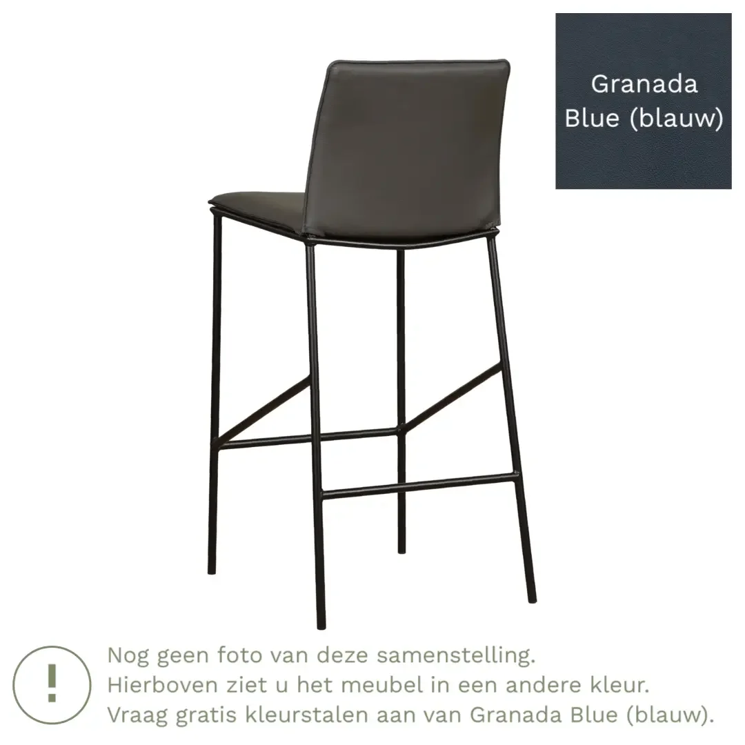 afbeelding van Leren barkruk hoog Favor - Granada Blue (blauw) - poten staal rond zwart
