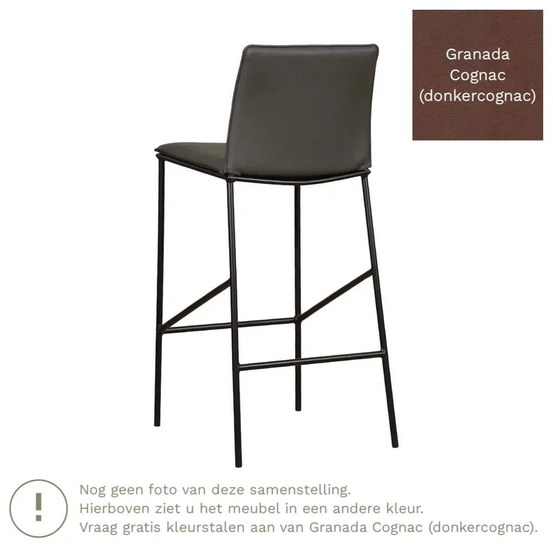 afbeelding van Leren barkruk Favor hoog - Granada Cognac (donkercognac) - Poten staal rond zwart