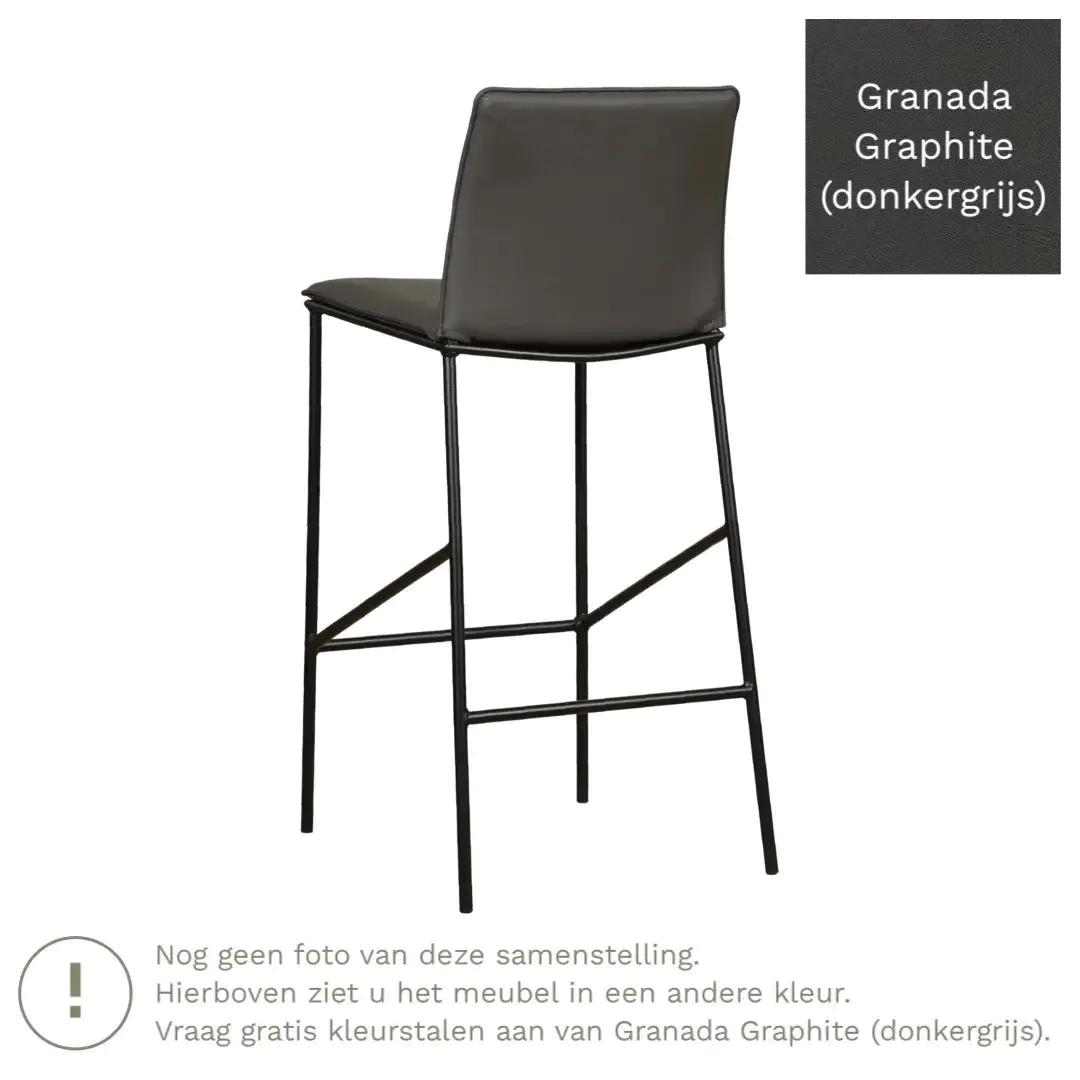 afbeelding van Leren barkruk hoog Favor - Granada Graphite (donkergrijs) - poten staal rond zwart