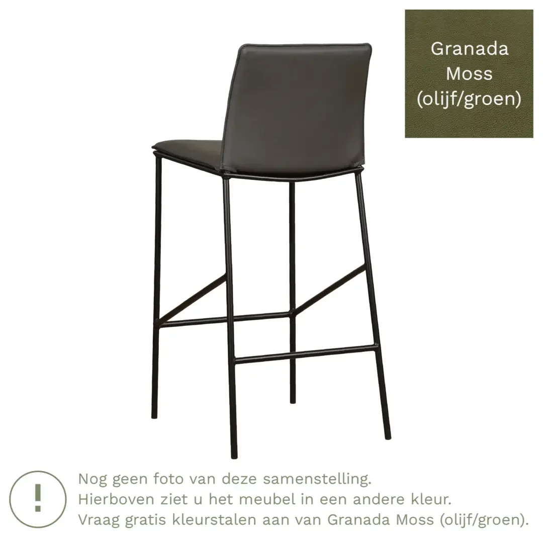 afbeelding van Leren barkruk hoog Favor - Granada Moss (olijf/groen) - poten staal rond zwart