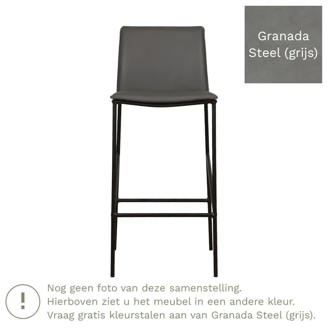 afbeelding van Leren barkruk hoog Favor - Granada Steel (grijs) - poten staal rond zwart
