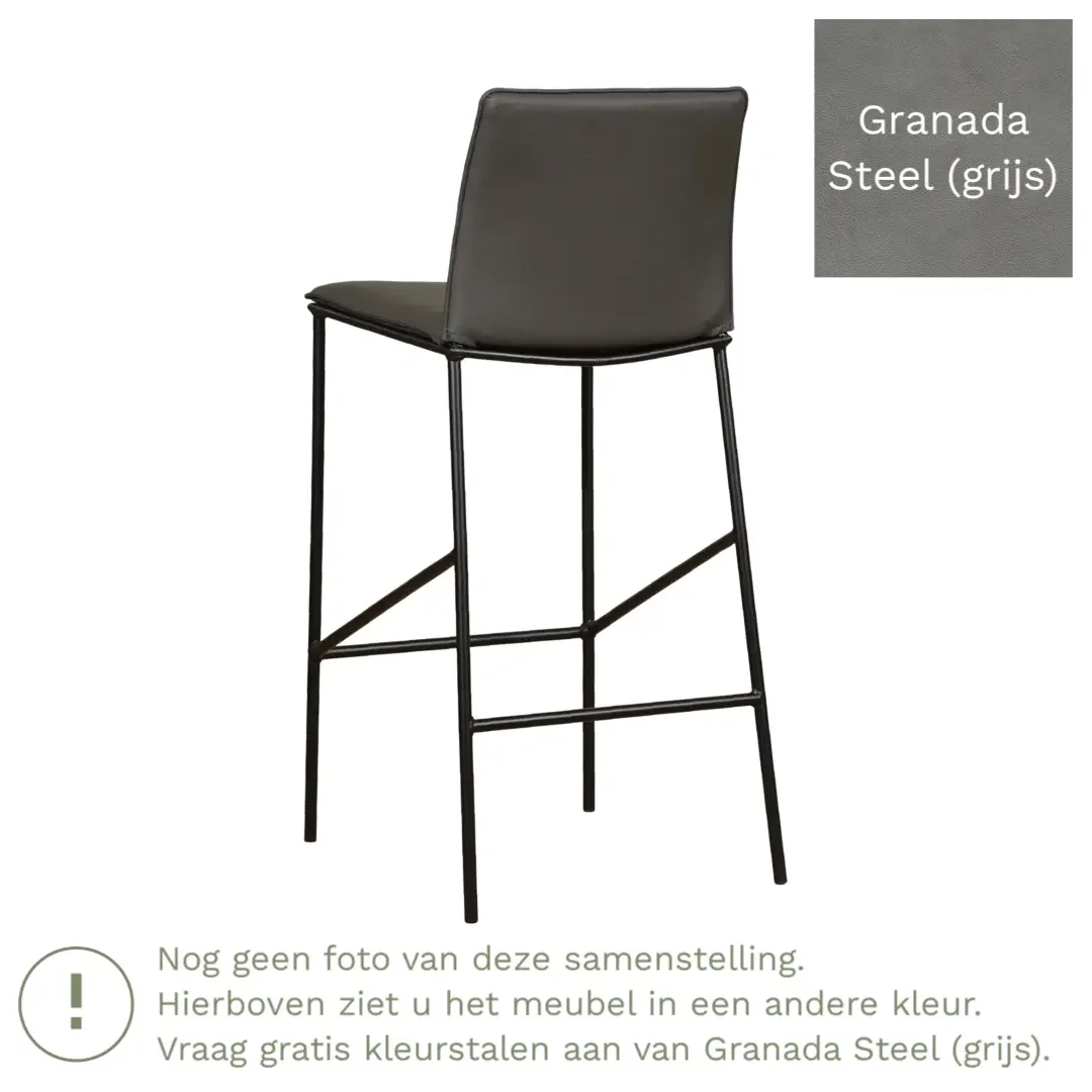 afbeelding van Leren barkruk hoog Favor - Granada Steel (grijs) - poten staal rond zwart