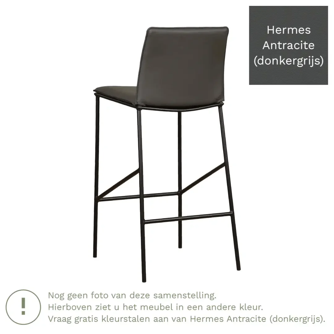 afbeelding van Leren barkruk Favor hoog - Hermes Antracite (donkergrijs) - Poten staal rond zwart