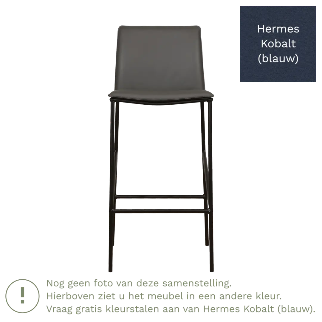 afbeelding van Leren barkruk hoog Favor - Hermes Kobalt (blauw) - poten staal rond zwart
