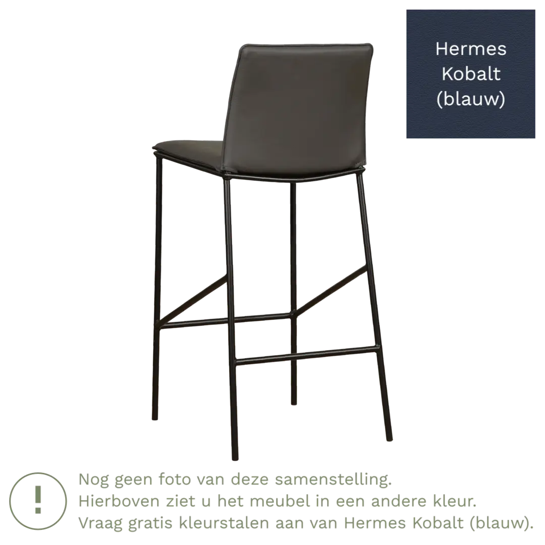 afbeelding van Leren barkruk hoog Favor - Hermes Kobalt (blauw) - poten staal rond zwart