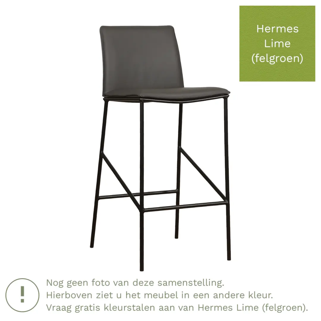 afbeelding van Leren barkruk Favor hoog - Hermes Lime (felgroen) - Poten staal rond zwart