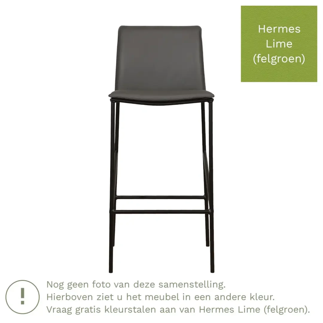 afbeelding van Leren barkruk Favor hoog - Hermes Lime (felgroen) - Poten staal rond zwart