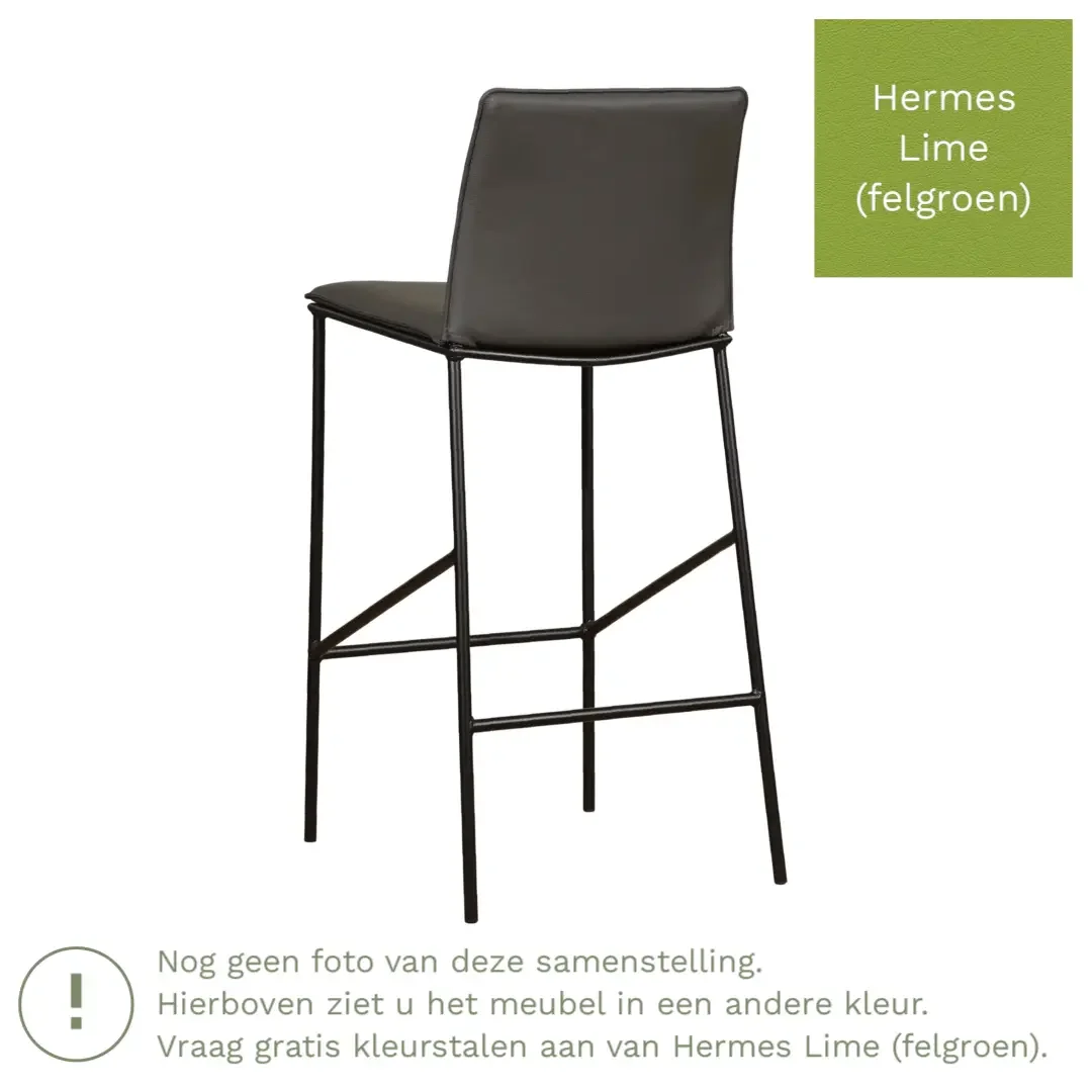 afbeelding van Leren barkruk Favor hoog - Hermes Lime (felgroen) - Poten staal rond zwart