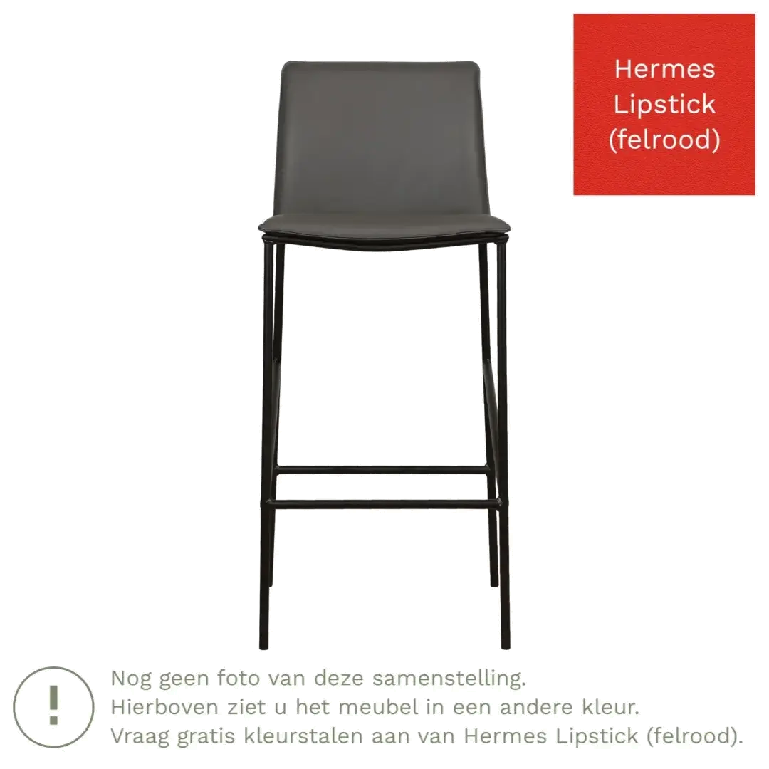 afbeelding van Leren barkruk hoog Favor - Hermes Lipstick (felrood) - poten staal rond zwart