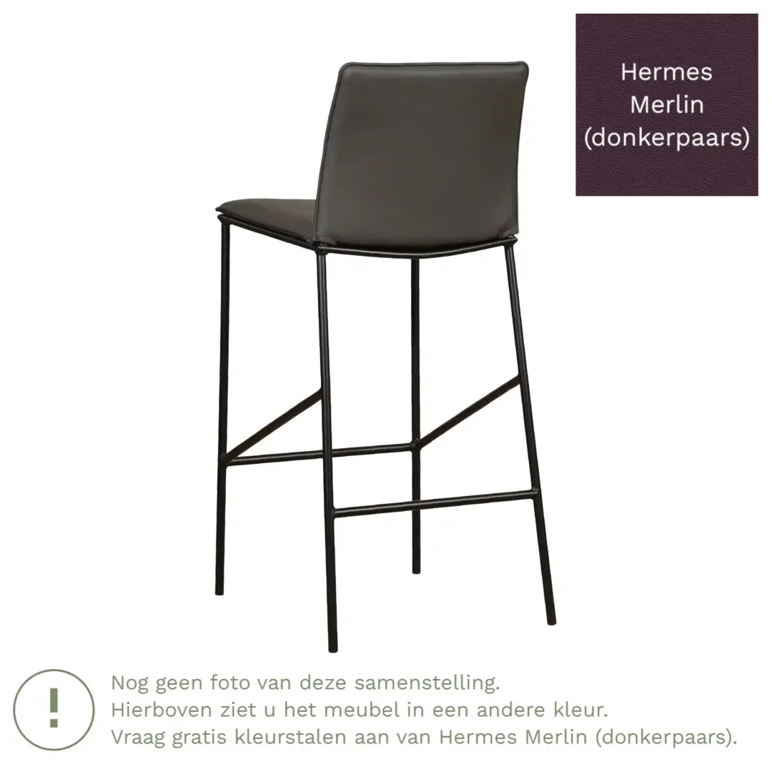 afbeelding van Leren barkruk hoog Favor - Hermes Merlin (donkerpaars) - poten staal rond zwart