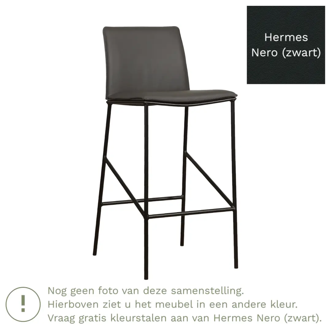 afbeelding van Leren barkruk Favor hoog - Hermes Nero (zwart) - Poten staal rond zwart