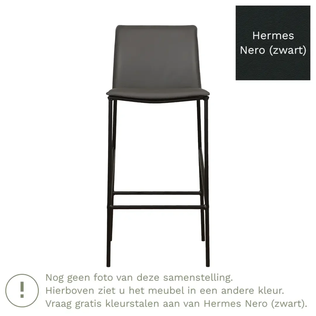 afbeelding van Leren barkruk Favor hoog - Hermes Nero (zwart) - Poten staal rond zwart