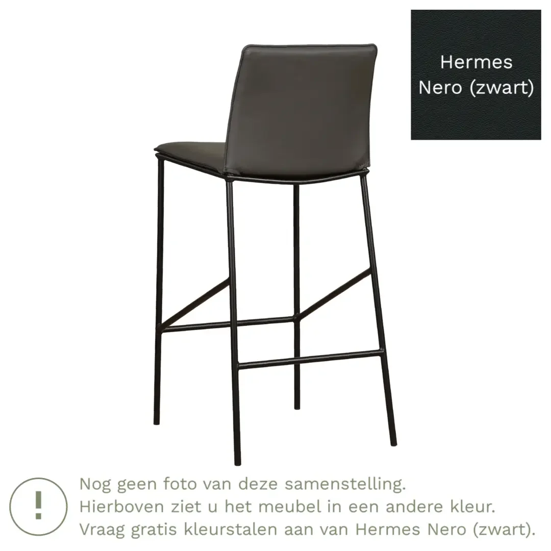 afbeelding van Leren barkruk Favor hoog - Hermes Nero (zwart) - Poten staal rond zwart