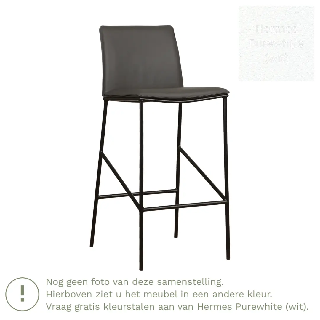 afbeelding van Leren barkruk Favor hoog - Hermes Purewhite (wit) - Poten staal rond zwart