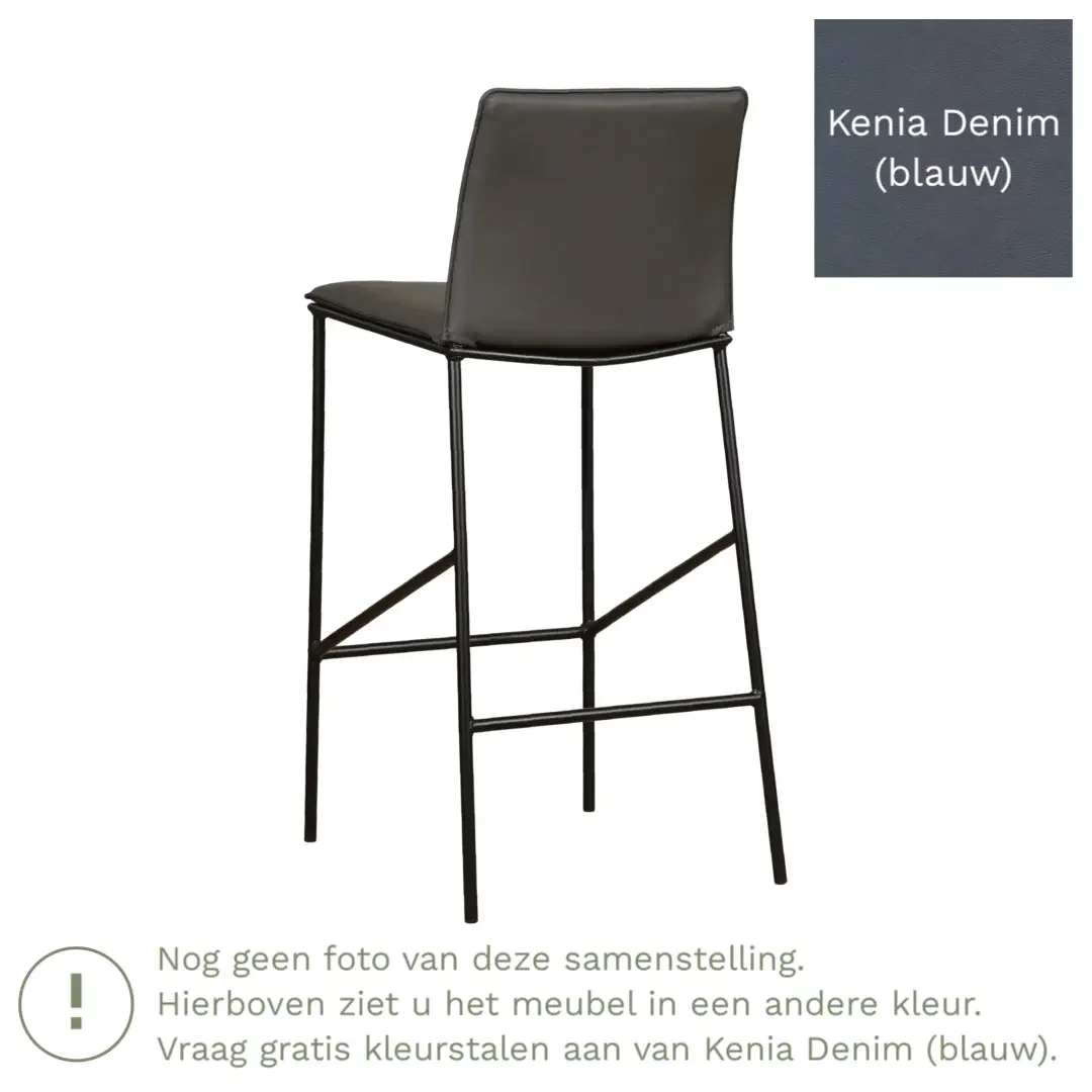 afbeelding van Leren barkruk hoog Favor - Kenia Denim (blauw) - poten staal rond zwart