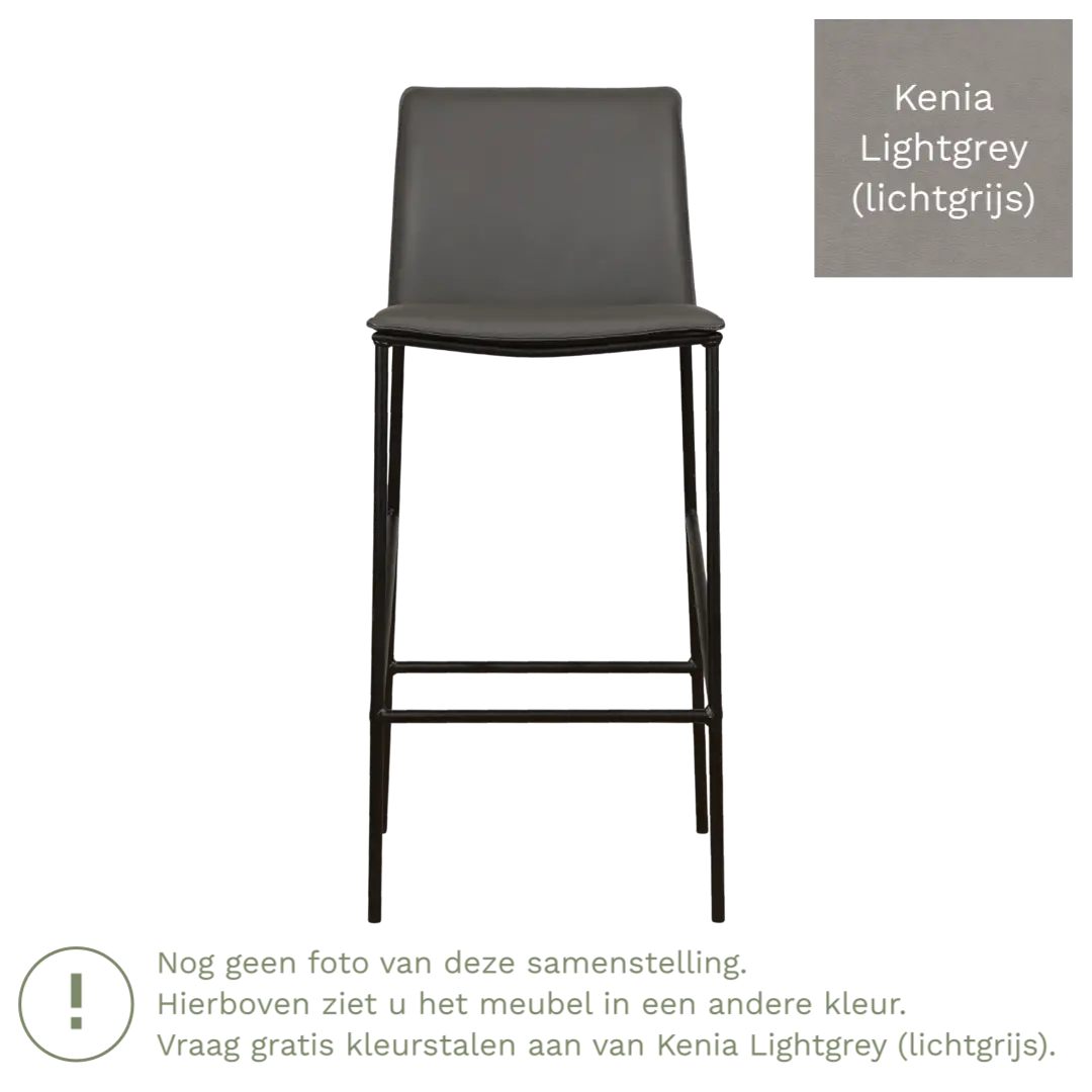afbeelding van Leren barkruk hoog Favor - Kenia Lightgrey (lichtgrijs) - poten staal rond zwart