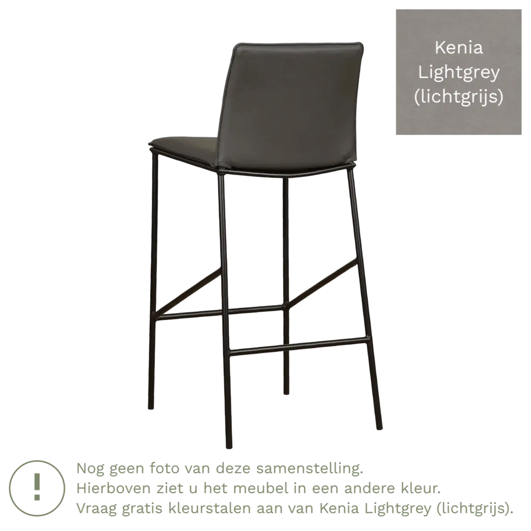 afbeelding van Leren barkruk hoog Favor - Kenia Lightgrey (lichtgrijs) - poten staal rond zwart