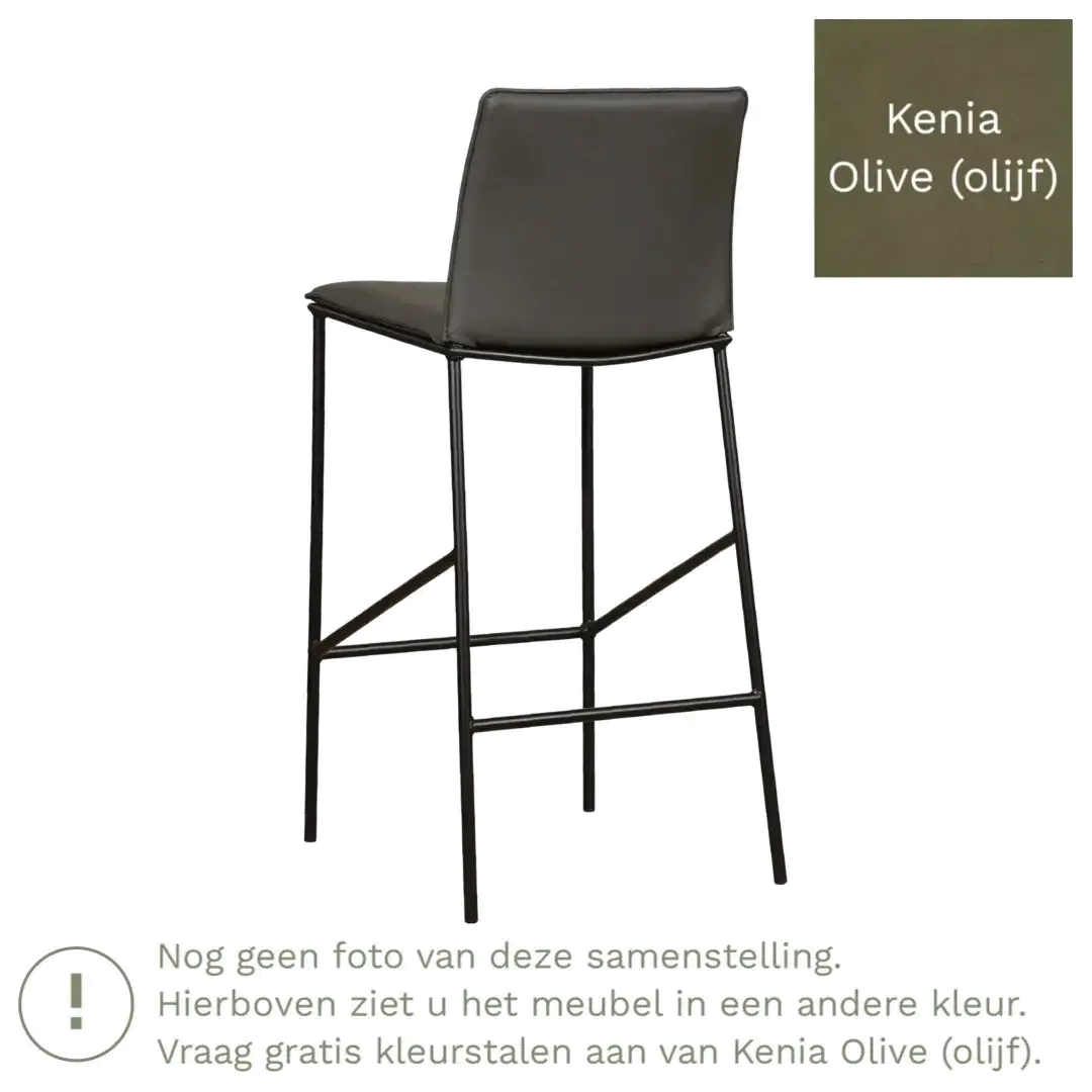 afbeelding van Leren barkruk hoog Favor - Kenia Olive (olijf) - poten staal rond zwart