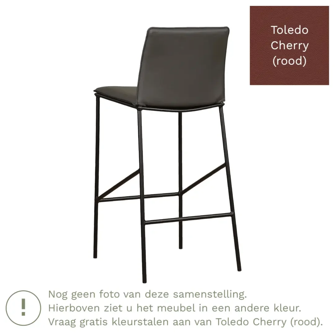 afbeelding van Leren barkruk hoog Favor - Toledo Cherry (rood) - poten staal rond zwart