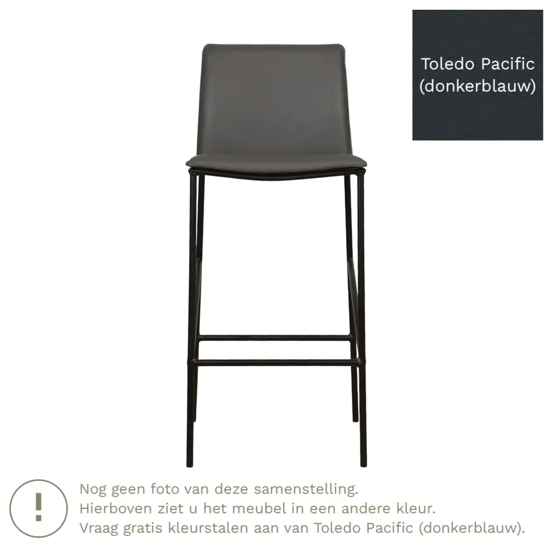afbeelding van Leren barkruk hoog Favor - Toledo Pacific (donkerblauw) - poten staal rond zwart