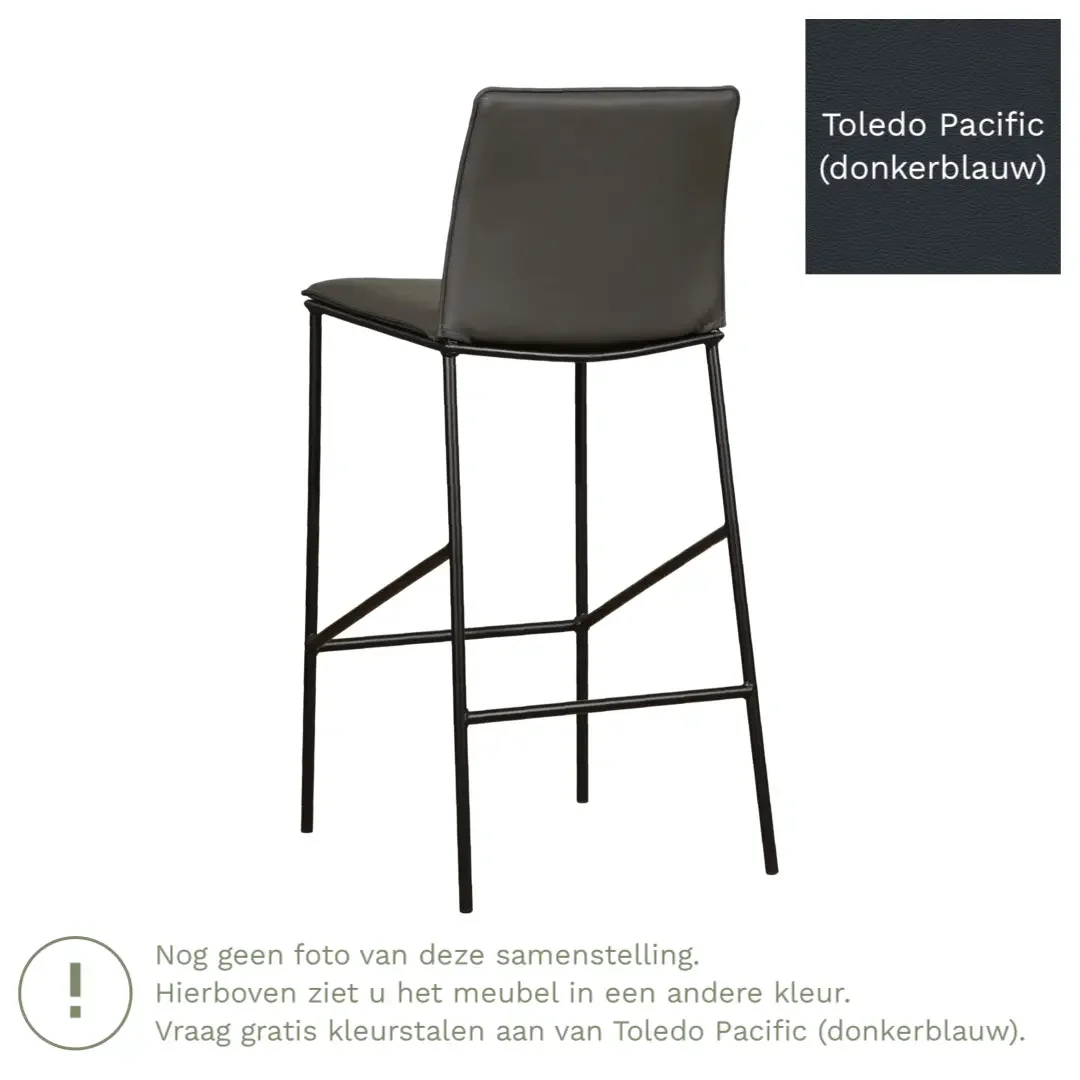 afbeelding van Leren barkruk hoog Favor - Toledo Pacific (donkerblauw) - poten staal rond zwart