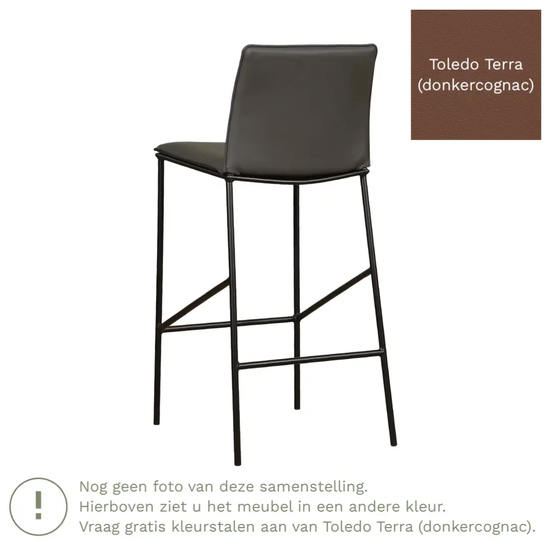afbeelding van Leren barkruk Favor hoog - Toledo Terra (donkercognac) - Poten staal rond zwart