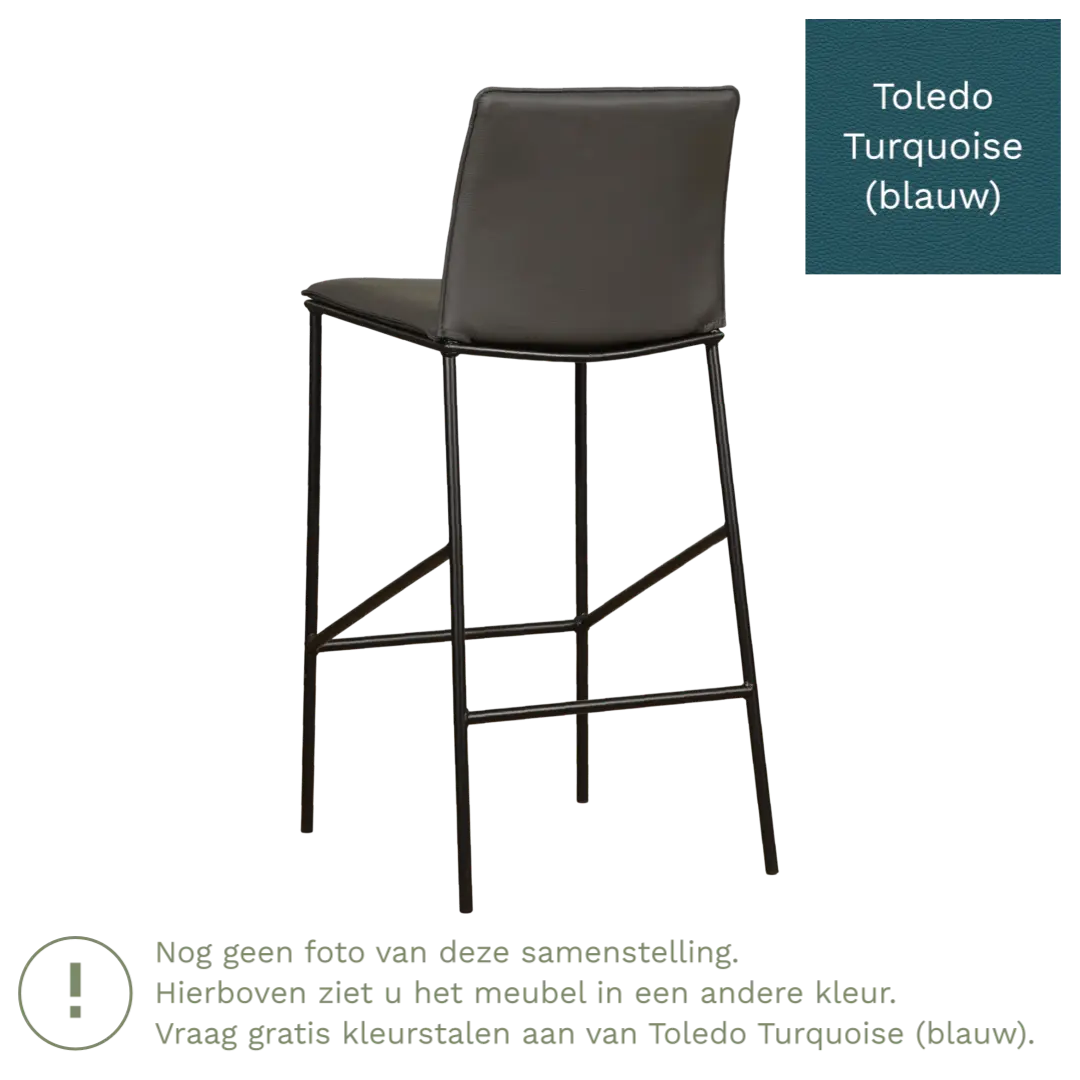 afbeelding van Leren barkruk hoog Favor - Toledo Turquoise (blauw) - poten staal rond zwart